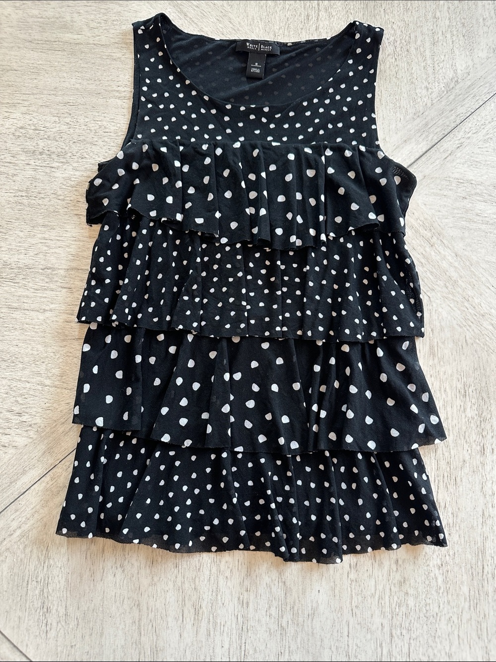 White House Black Market Black w/White Polka Dot Tiered Ruffle Tank size Small